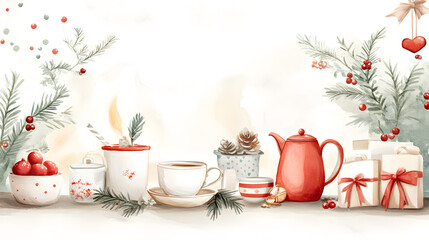 Fototapeta premium Cozy christmas tea party by the fireplace with festive decor and warm drinks for a delightful holiday gathering