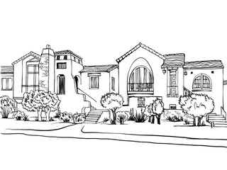 Nice old street in San Francisco, California, USA. Urban sketch. Hand drawn urban landscape. Line art. White background. Vector illustration. Vintage postcard style.