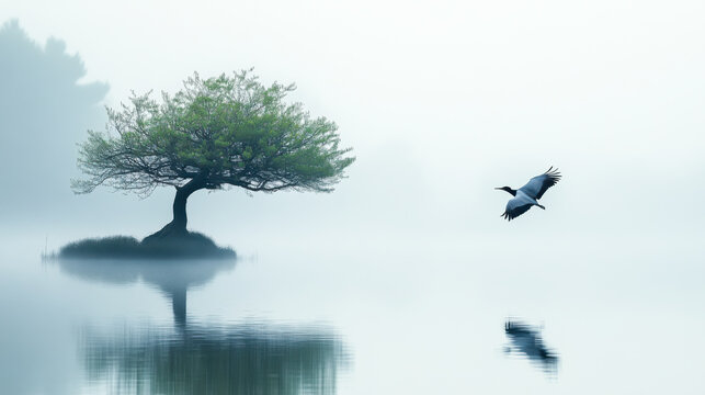 A mystical, quiet and serene landscape. foggy nature 