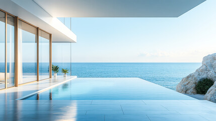 Fototapeta premium Perspective of modern luxury building with wood terrace and swimming pool on sea view background