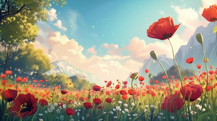 Obraz premium Colorful Poppy Meadow: A Serene Nature Background of Floral Beauty
