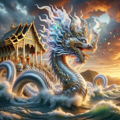Obraz premium Majestic Naga and Golden Temple: A Hyper-Realistic Depiction of a Mythical Serpent Rising from Ocean Waves, Set Against a Stunning Backdrop of an Intricate Southeast Asian Temple, Embodying Power