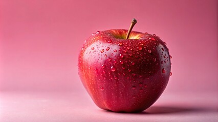Ripe red apple with water drop on pink background