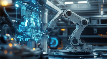 Fototapeta premium A robotic arm interacts with a holographic display in a futuristic factory setting.