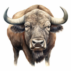 Realistic Illustration of a Buffalo's Face with Detailed Fur and Majestic Horns