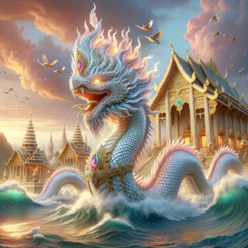 Majestic Naga and Golden Temple: A Hyper-Realistic Depiction of a Mythical Serpent Rising from Ocean Waves, Set Against a Stunning Backdrop of an Intricate Southeast Asian Temple, Embodying Power