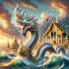 Obraz premium Majestic Naga and Golden Temple: A Hyper-Realistic Depiction of a Mythical Serpent Rising from Ocean Waves, Set Against a Stunning Backdrop of an Intricate Southeast Asian Temple, Embodying Power