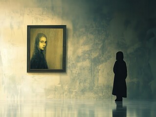 Obraz premium A silhouette gazes at a portrait in a dimly lit gallery, evoking a sense of mystery and curiosity.