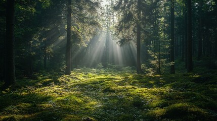 Obraz premium Serene Forest with Sunlight Filtering Through Trees