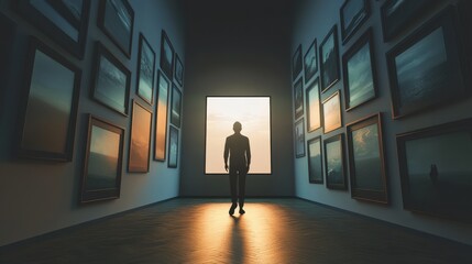 Obraz premium A figure stands in a gallery, illuminated by light from a window, surrounded by framed artwork on the walls.
