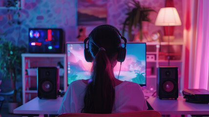 Girl gaming with computer in room with neon lights and streaming online