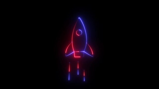 Digital rockets launch into outer space red blue color. Boosting and taking off career concepts. Abstract spaceship in blue on a technological background. blue neon rocket illustration with 3D