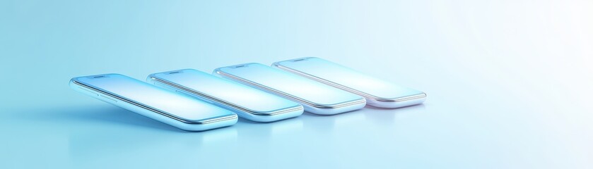 Four cell phones are lined up on a blue background. The phones are all silver and appear to be new. Concept of modernity and technological advancement