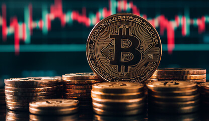 Bitcoin and Cryptocurrency concept, Stock market chart graph digital background, Gold Coins Against a Market Chart Backdrop, Trading graph, Bullish and Bearish candle stick graph chart