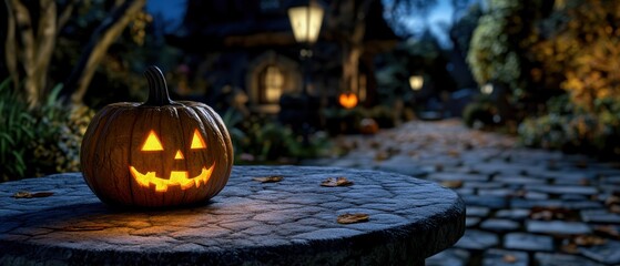 Obraz premium A carved Halloween pumpkin glowing on a stone table, showcasing a spooky atmosphere in a dimly lit garden.