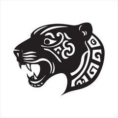 simple logo of the the lateral view of a maya draw jaguar head on a minimalist mayan aesthetic, on a white background