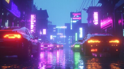 Fototapeta premium Neon City Night with Retro Cars and Reflections