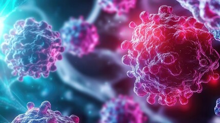 Colorful microscopic view of viruses in a digital abstract environment.