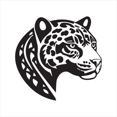 simple logo of the the lateral view of a maya draw jaguar head on a minimalist mayan aesthetic, on a white background