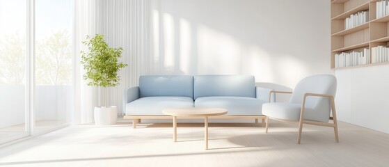 A living room with a blue couch and a white chair. The room is bright and airy, with a potted plant in the corner. The furniture is simple and minimalistic, giving the room a clean