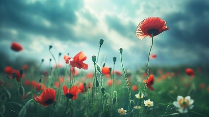 Fototapeta premium Poppy Flower Wonderland: A Scenic Nature Background of a Blooming Meadow