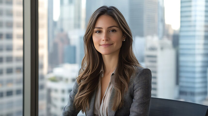 Fototapeta premium A woman in a business suit is smiling at the camera