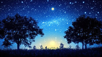 Starry Night Sky with Silhouetted Trees and Moon