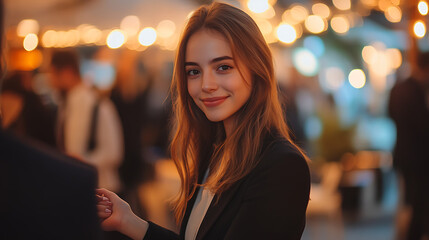 Obraz premium A woman is smiling and looking at the camera