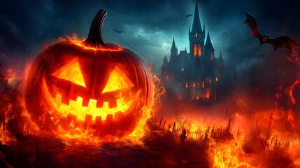 Halloween night scene background with castle with halloween pumpkin within flames in the graveyard and bats in the night