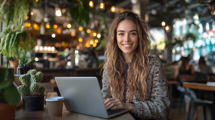 Obraz premium A woman is sitting at a table with a laptop in front of her