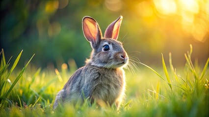 A furry rabbit with long ears sits in a field of tall green grass, bathed in the warm glow of the setting sun, its eyes reflecting the light.