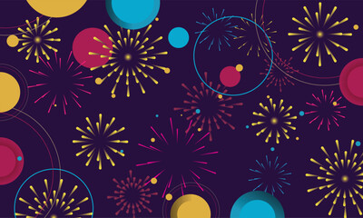Colorful fireworks New Year background and text Happy New Year design in the night sky. Simple pattern design template. vector design.