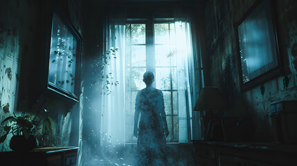 Blurred ghost silhouette in bedroom window at night horror scene on Halloween
