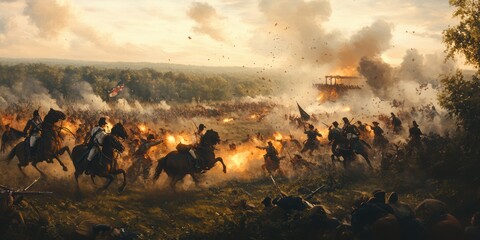 Cavalry charge through battlefield smoke and fire.