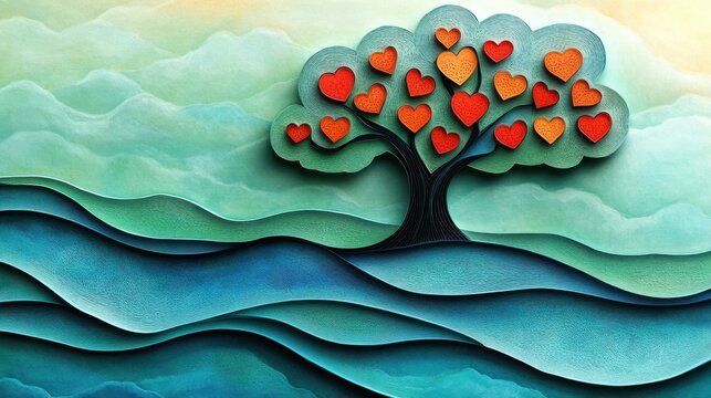 Colorful Heart Tree on Wavy Background