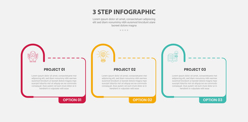 3 points template infographic outline style with 3 point step template with creative table box with half circle round on header for slide presentation