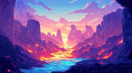 Vivid Sunset Over Lava River in Pixel Art Style