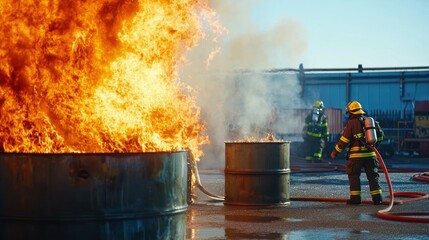 A firefighter team controlling a chemical fire, with visible hazardous material containers.