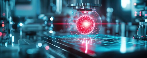 Red laser sphere projection on a high-tech surface, futuristic laboratory setting.