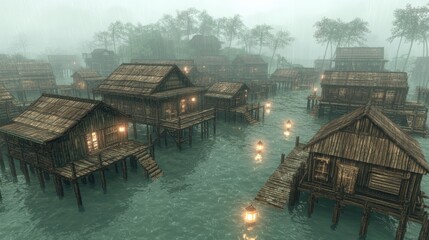 Fototapeta premium Serene Water Village at Dusk with Wooden Houses