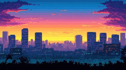 Obraz premium Vibrant Sunset Over City Skyline Illustration