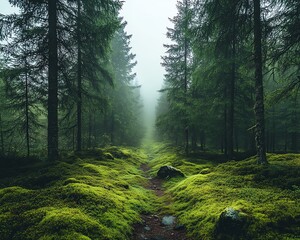 Obraz premium Misty forest scene in Scandinavia with ancient trees cloaked in lush green moss, creating an enchanting and mystical woodland setting