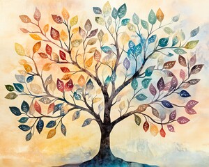 Obraz premium Whimsical watercolor family tree featuring delicate branches, soft pastel colors, and charming leaves with names, representing heritage and family connections