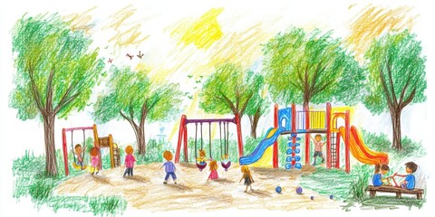 Children play on colorful playground in park.