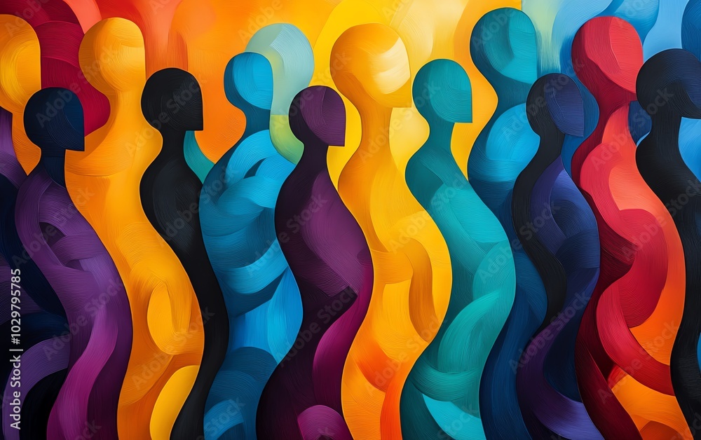Poster Abstract representation of a diverse crowd with stylized human figures in motion, merging and overlapping to symbolize unity and community in bold colors