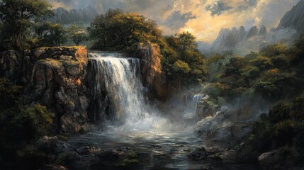 Fototapeta premium A cascading waterfall in a lush, misty forest.