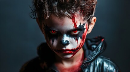 Boy make up as evil for halloween party, on a studio background