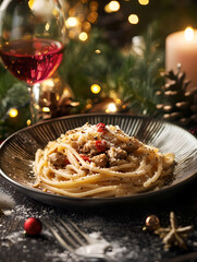 Christmas themed pasta dish, food photography
