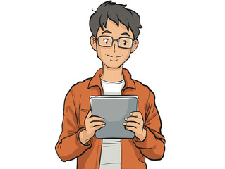 white background, Man holding a tablet device for reading, very simple and isolate in the style of animated illustrations, white background