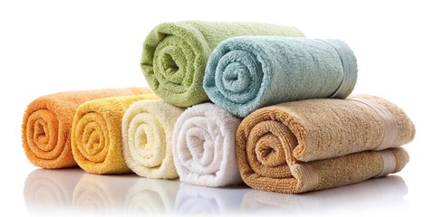 Rolls of towels stacked neatly on white background